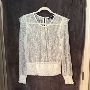 White House Black Market Cream Lace Blouse with Ruffle Details